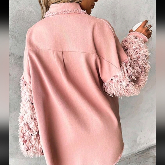 Spring & Fall Turn-Down Collar Contrast Sequin Raw Hem Button Front Shack - Picture 3 of 6